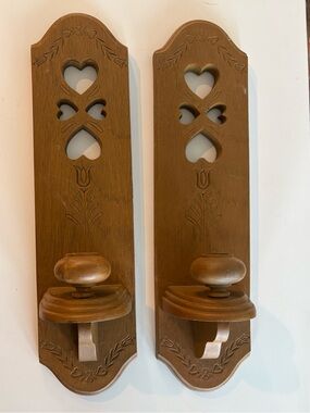 Vintage 1986 Burwood Prod #2766 Wall Sconce Taper Candle Holders Hearts Wood